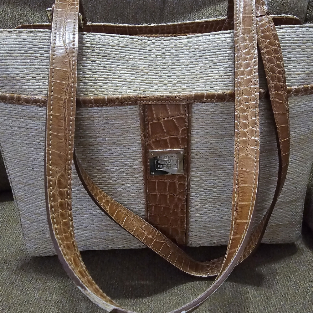 Liz Claiborne Tan Croc-Trim Beige Fabric Satchel